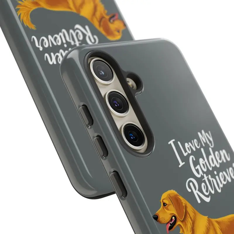 Gray Phone Case Featuring Golden Retriever Design for iPhone 16 Pro, stylish and durable