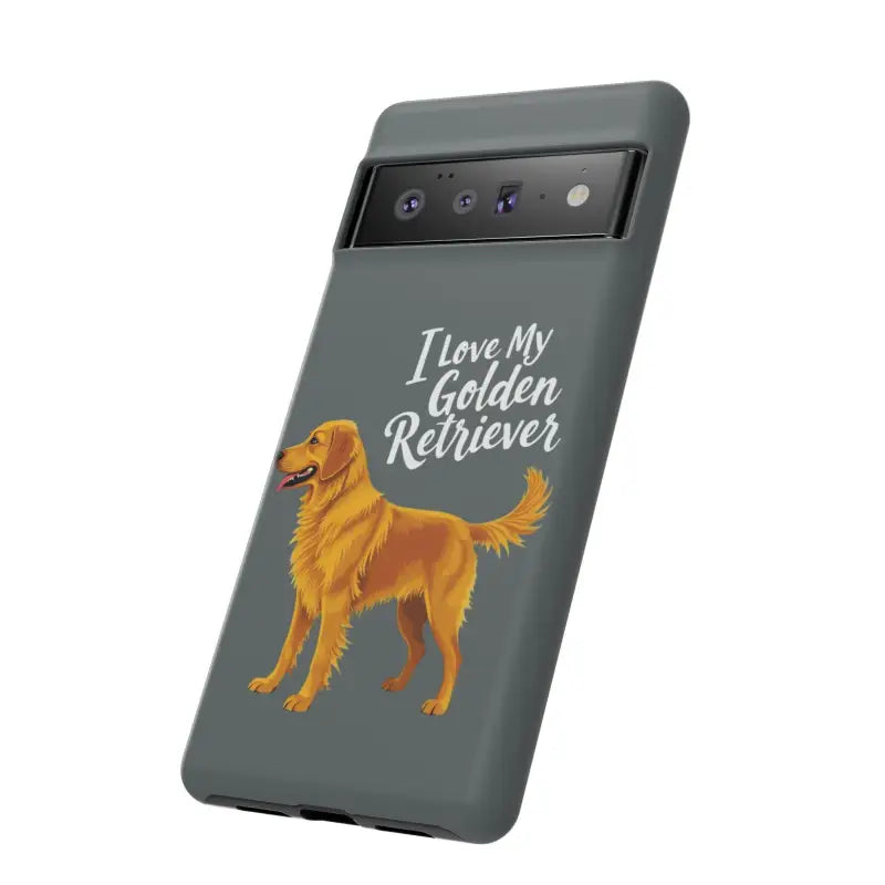 Gray phone case with golden retriever design for iPhone 16 Pro at an online store
