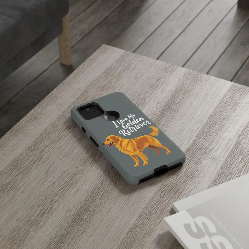 Gray phone case with a golden retriever design for iPhone 16 Pro