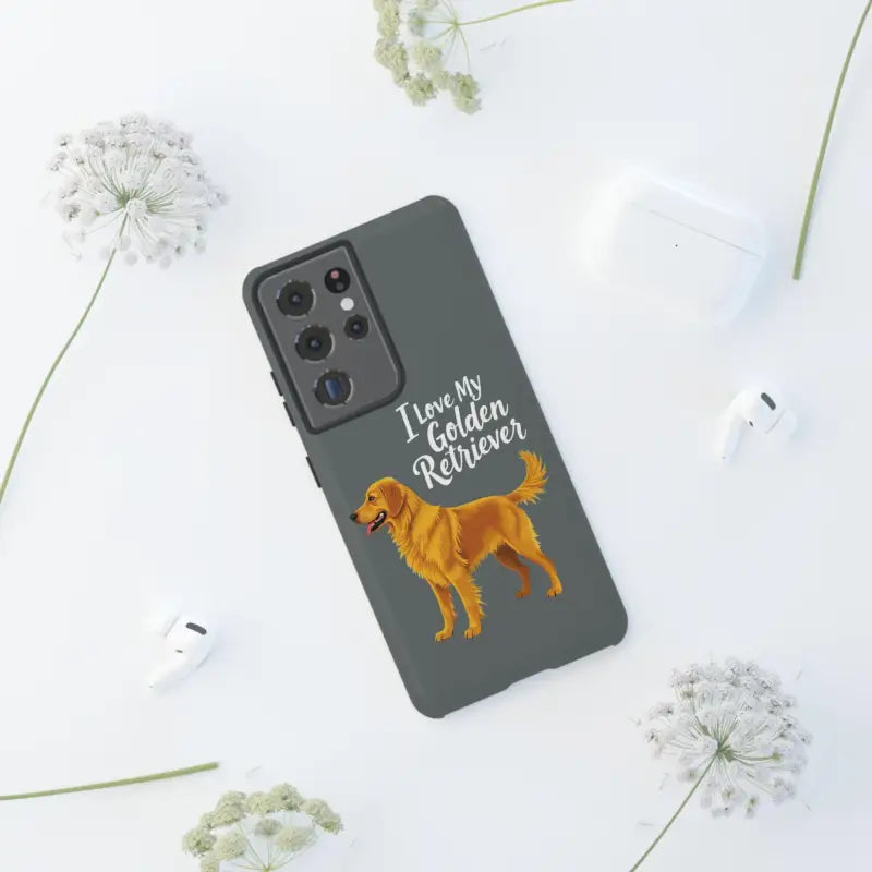 Gray phone case with Golden Retriever design for iPhone 16 Pro displayed prominently