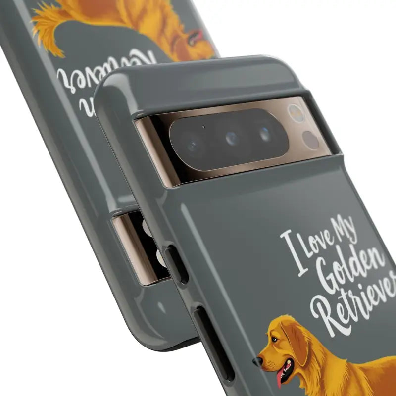 Gray phone case with golden retriever design for iPhone 16 Pro