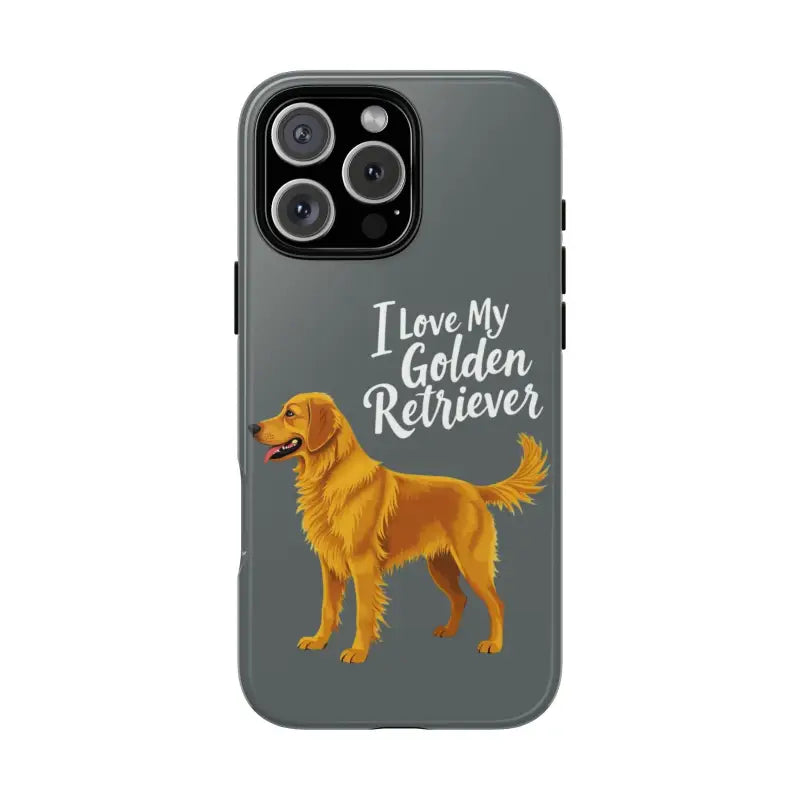 Gray Phone Case Featuring Golden Retriever Design for iPhone 16 Pro showcased