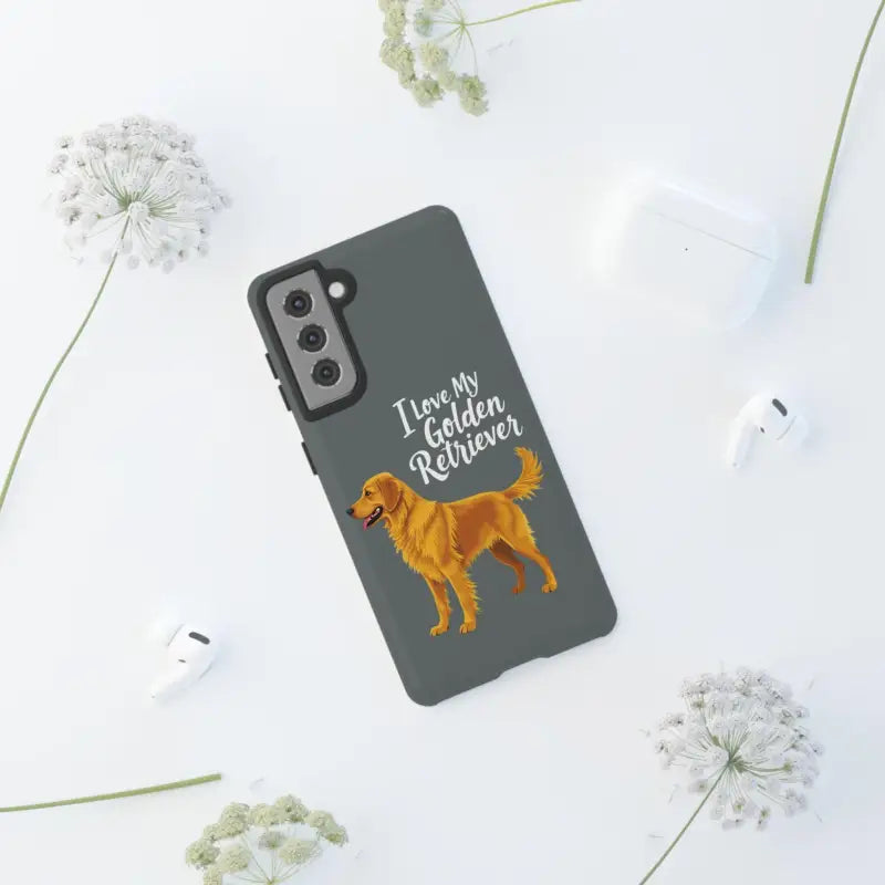 Gray phone case with golden retriever design for iPhone 16 Pro