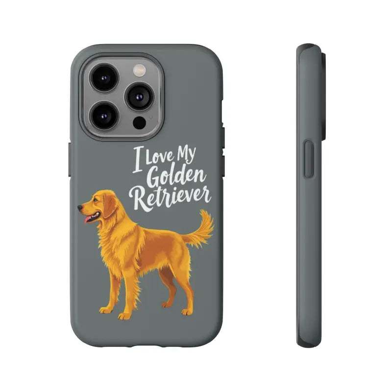 Gray phone case with golden retriever design for iPhone 16 Pro