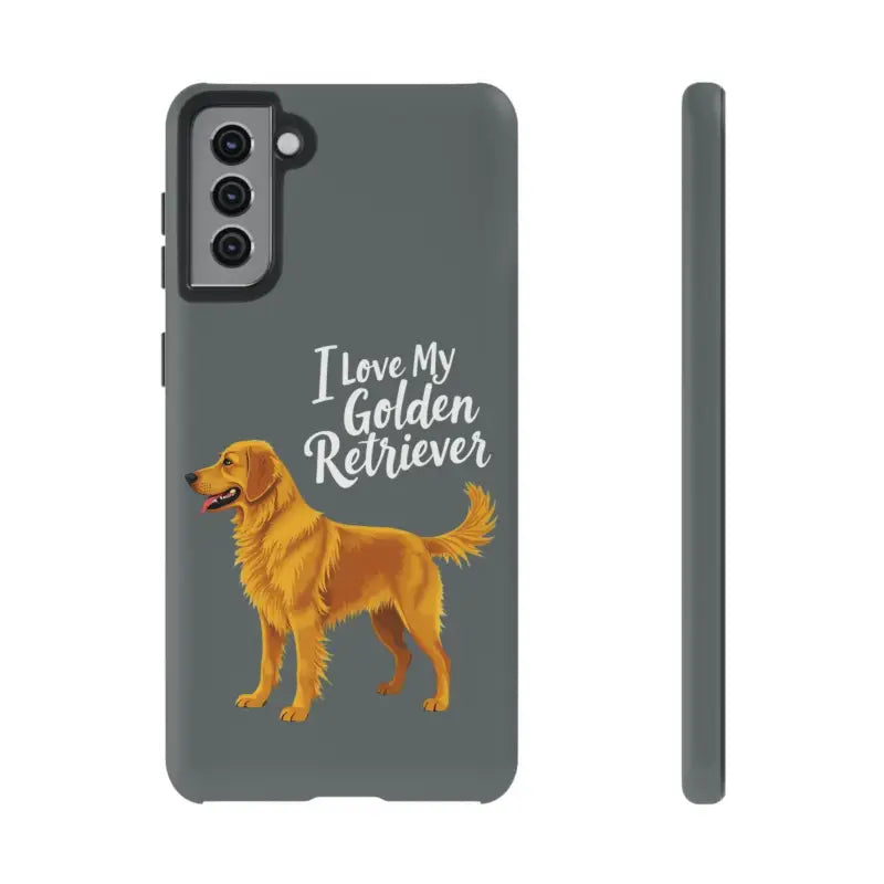 Gray Phone Case with Golden Retriever Design for iPhone 16 Pro displayed prominently