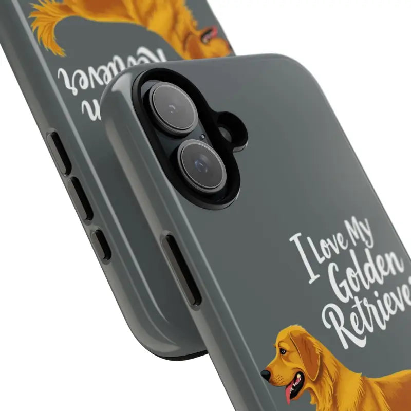 Gray phone case with golden retriever design for iPhone 16 Pro
