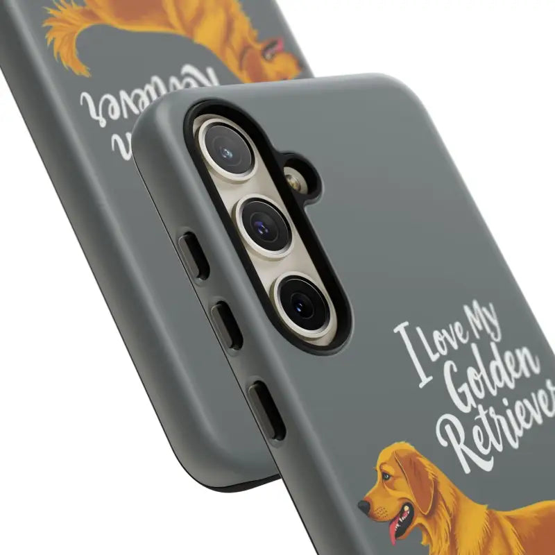 Gray phone case with a golden retriever design for iPhone 16 Pro