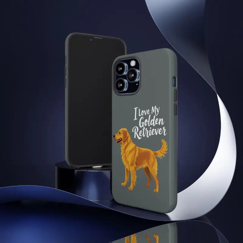 Gray phone case with a golden retriever design for iPhone 16 Pro