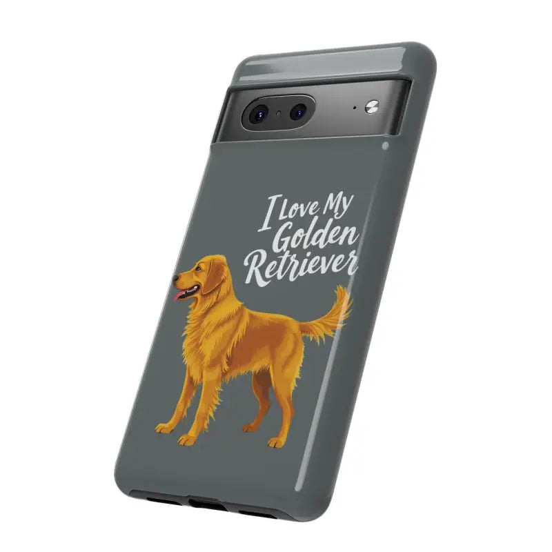 Gray iPhone 16 Pro phone case with a stylish Golden Retriever design