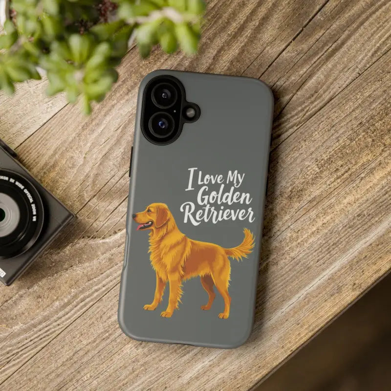 Gray Phone Case with Golden Retriever Design for iPhone 16 Pro, stylish and protective