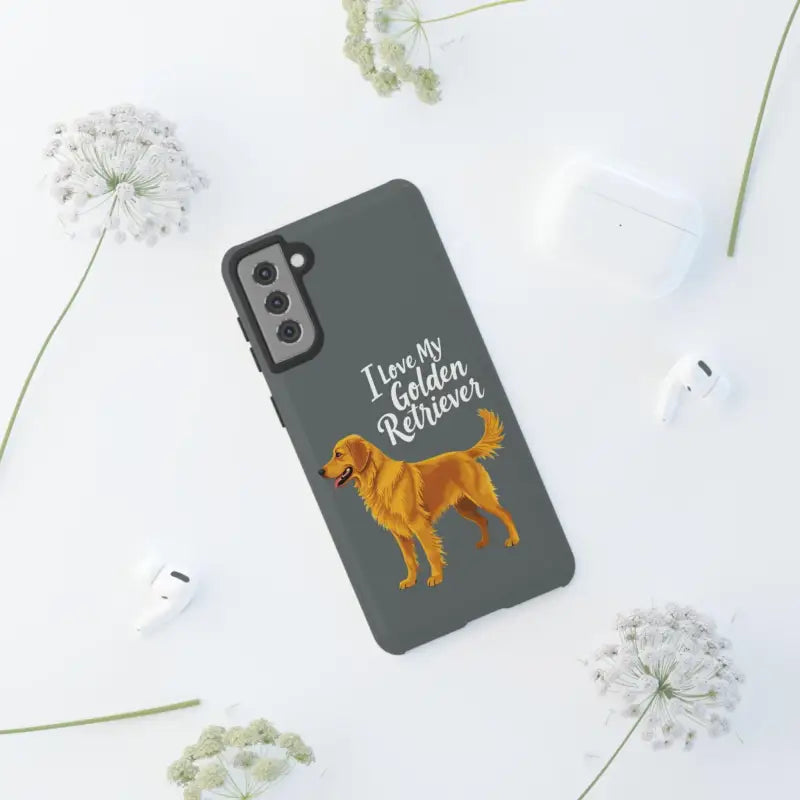 Gray Phone Case Featuring Golden Retriever Design for iPhone 16 Pro displayed