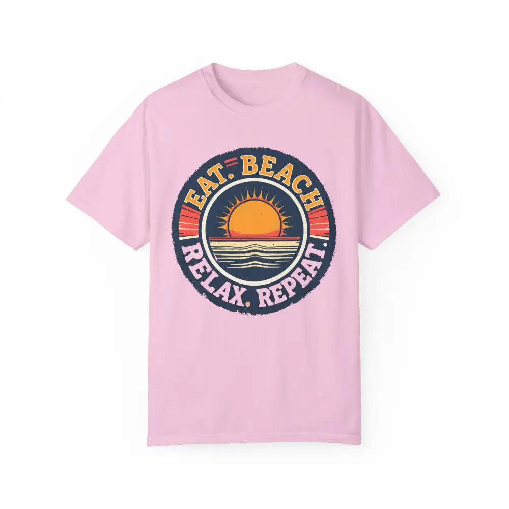 Pink t-shirt featuring beach graphic from Island Reef Unisex Garment Dyed collection