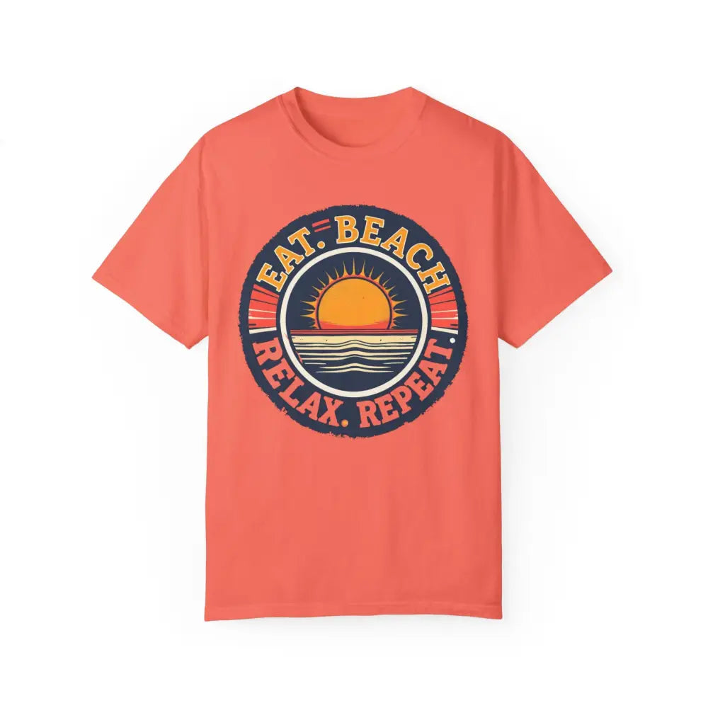 Coral t-shirt featuring a beach graphic from the Island Reef Eat Beach Relax Repeat Tee