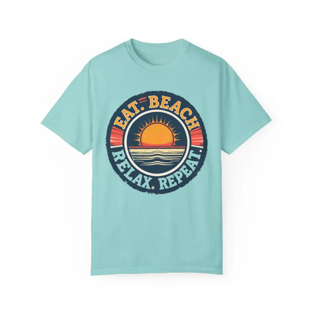 Aqua t-shirt featuring beach graphic from Island Reef Eat Beach Relax Repeat Tee