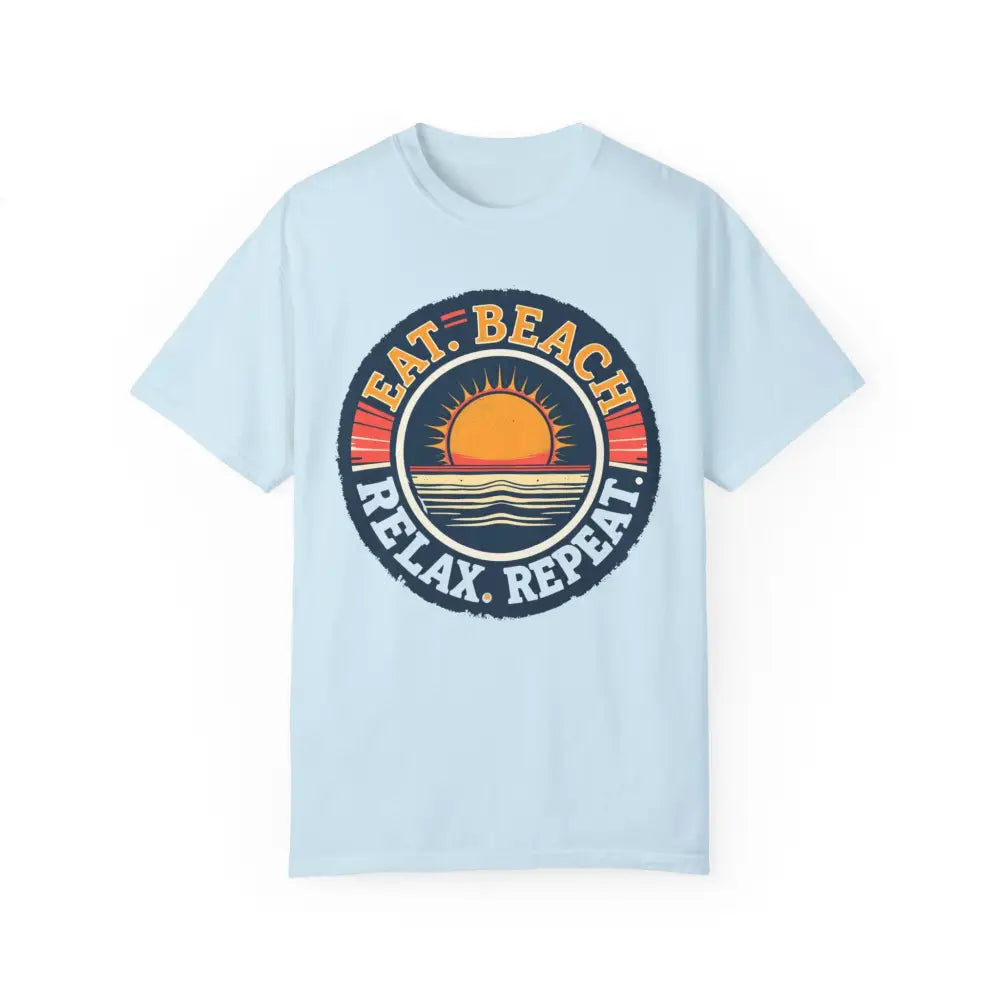 Light blue t-shirt with beach graphic from Island Reef Eat Beach Relax Repeat Tee