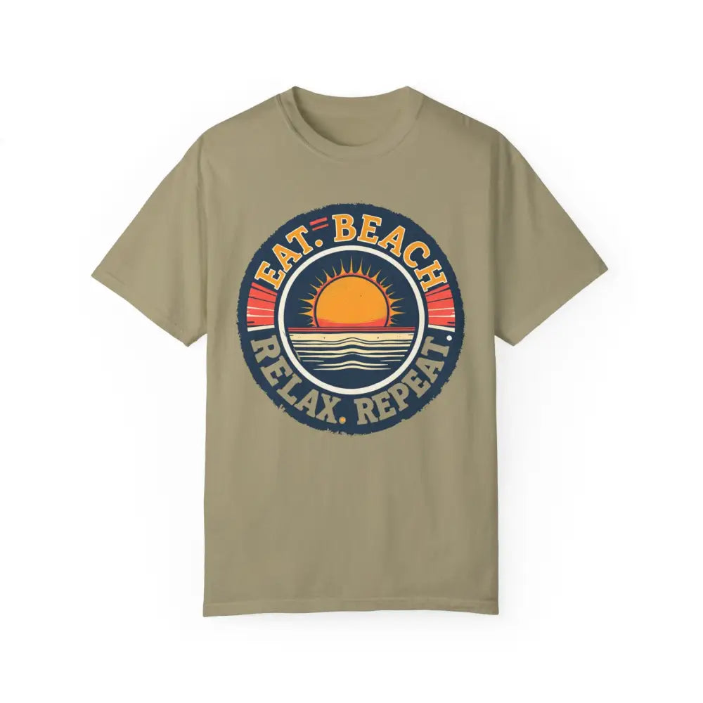 Khaki t-shirt featuring beach graphic from Island Reef Eat Beach Relax Repeat Tee