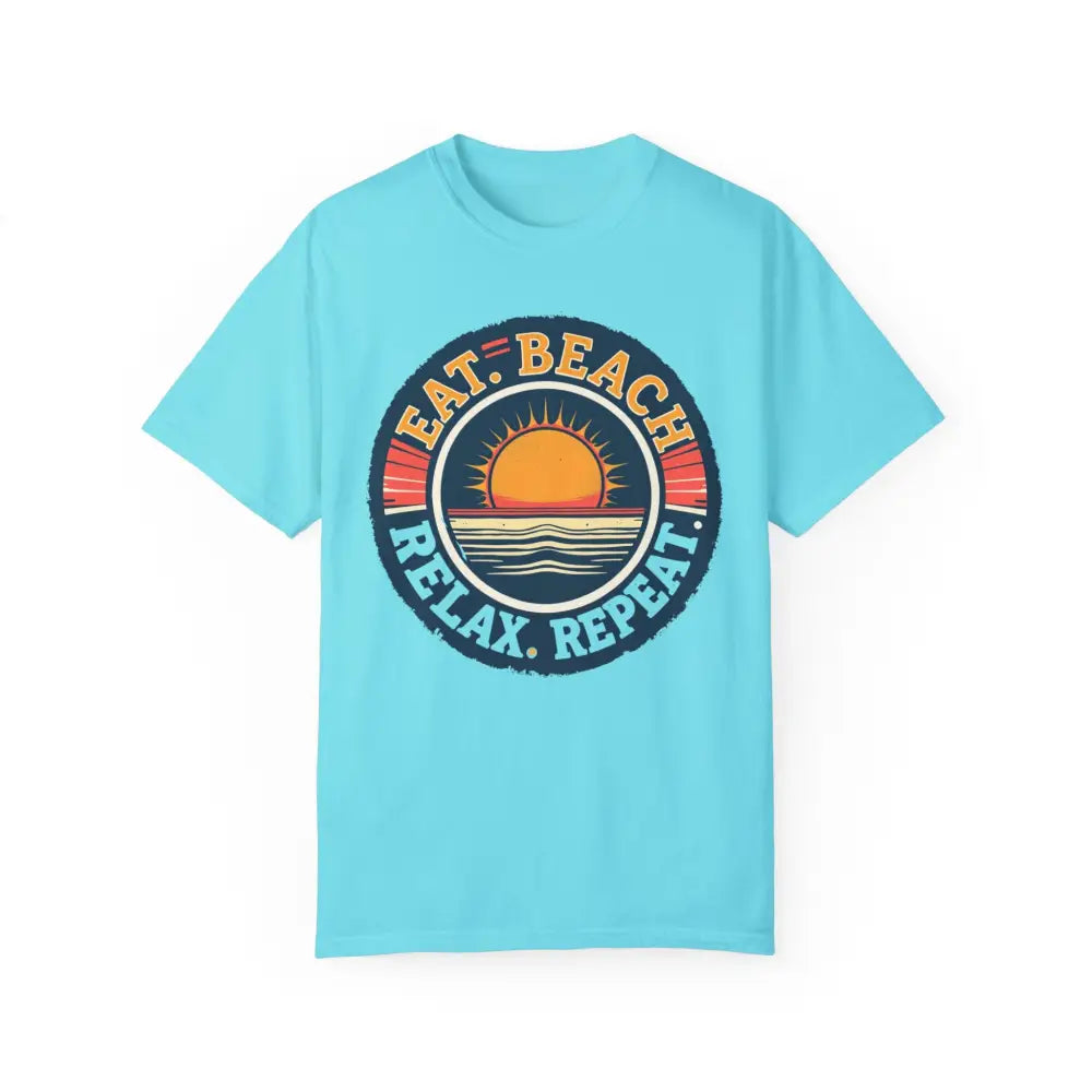 Light blue Island Reef unisex t-shirt featuring beach-themed graphic design