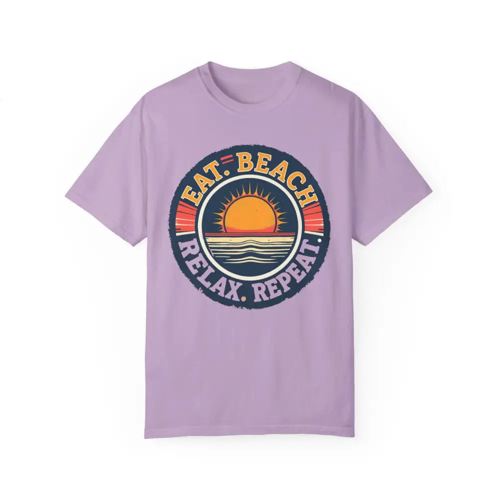 Lilac Island Reef Unisex Garment Dyed Eat Beach Relax Repeat Tee with beach graphic