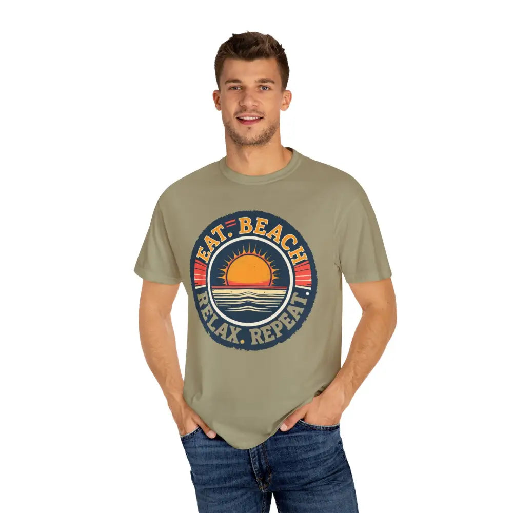 Island Reef Unisex Garment Dyed Eat Beach Relax Repeat Tee featuring a beach-themed graphic