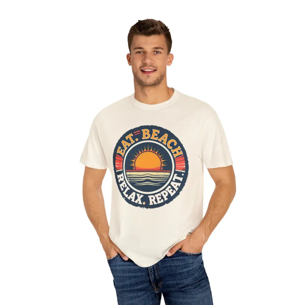 Man wearing graphic t-shirt from Island Reef Eat Beach Relax Repeat collection