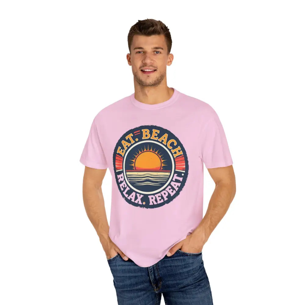 Pink Island Reef Unisex Garment Dyed Eat Beach Relax Repeat Tee with beach graphic