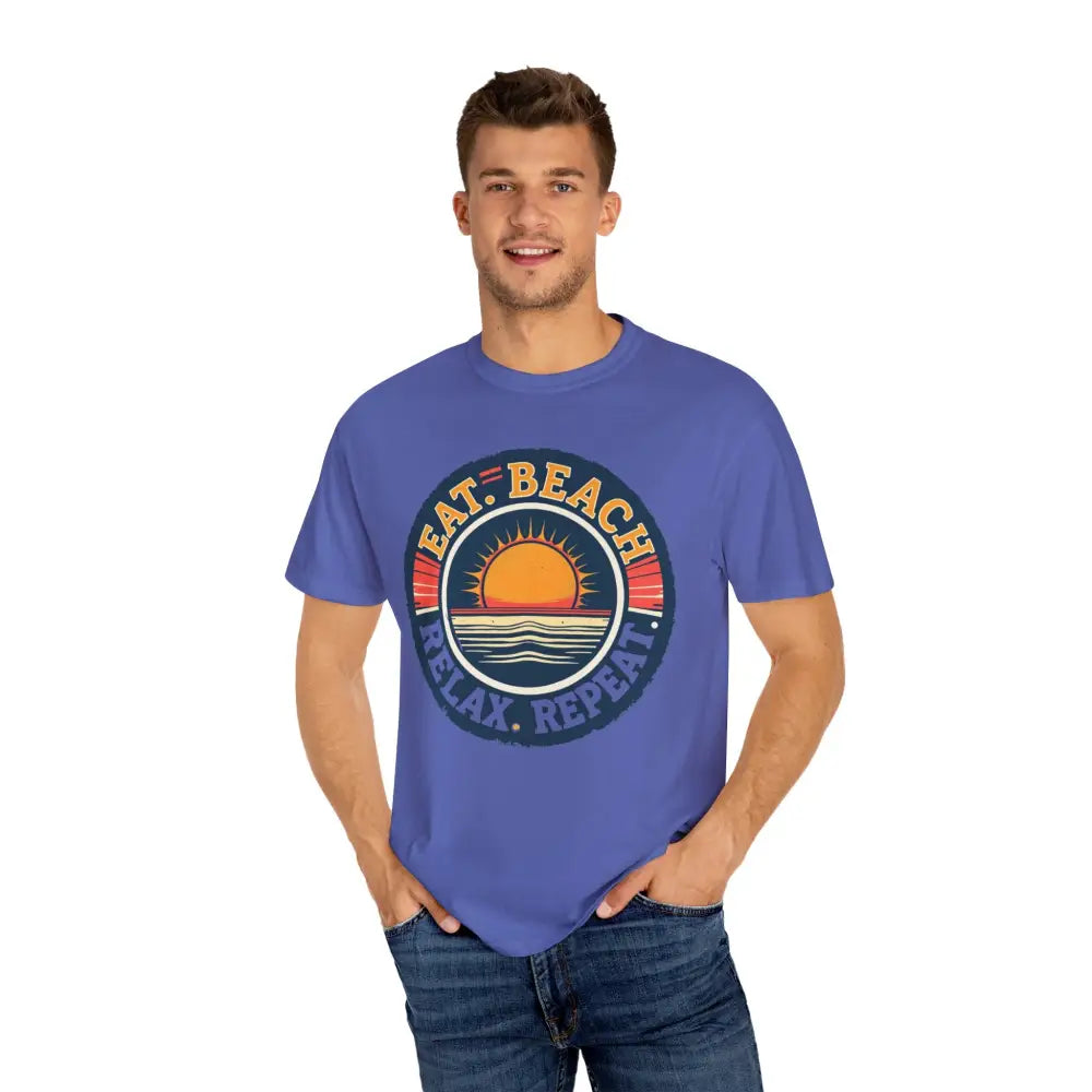Blue t-shirt featuring beach graphic from Island Reef Eat Beach Relax Repeat Tee