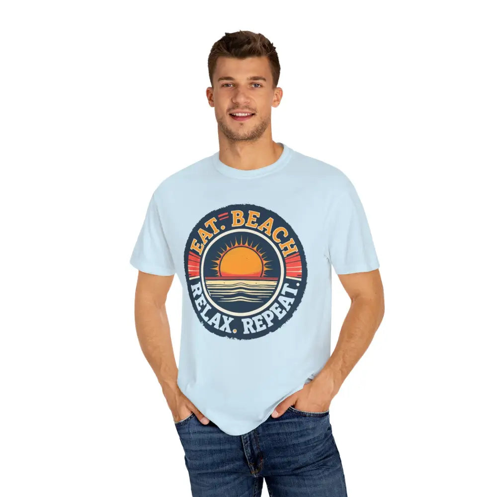 Light blue Island Reef Unisex Garment Dyed Eat Beach Relax Repeat Tee displayed