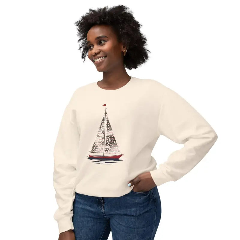 Beige Ivory Sailboat Crewneck Sweatshirt featuring a stylish sailboat graphic