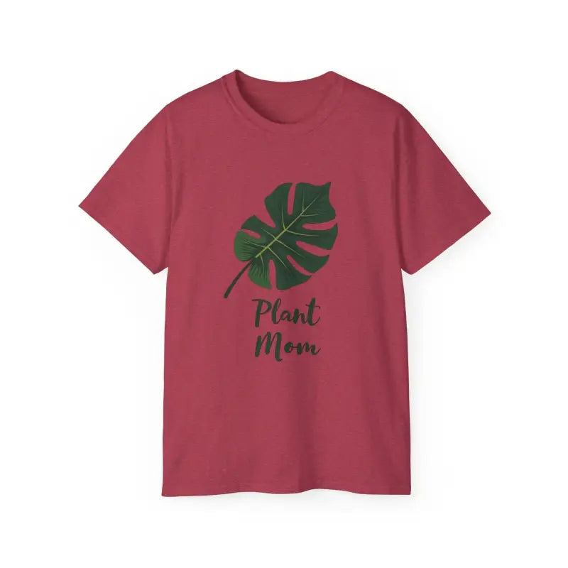 Maroon t-shirt featuring a Monstera leaf design for plant moms