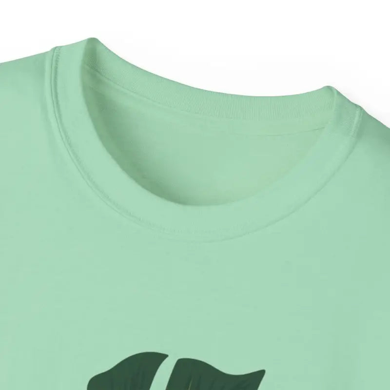 Mint green t-shirt neckline of Lavender Plant Mom T-Shirt with Monstera leaf design