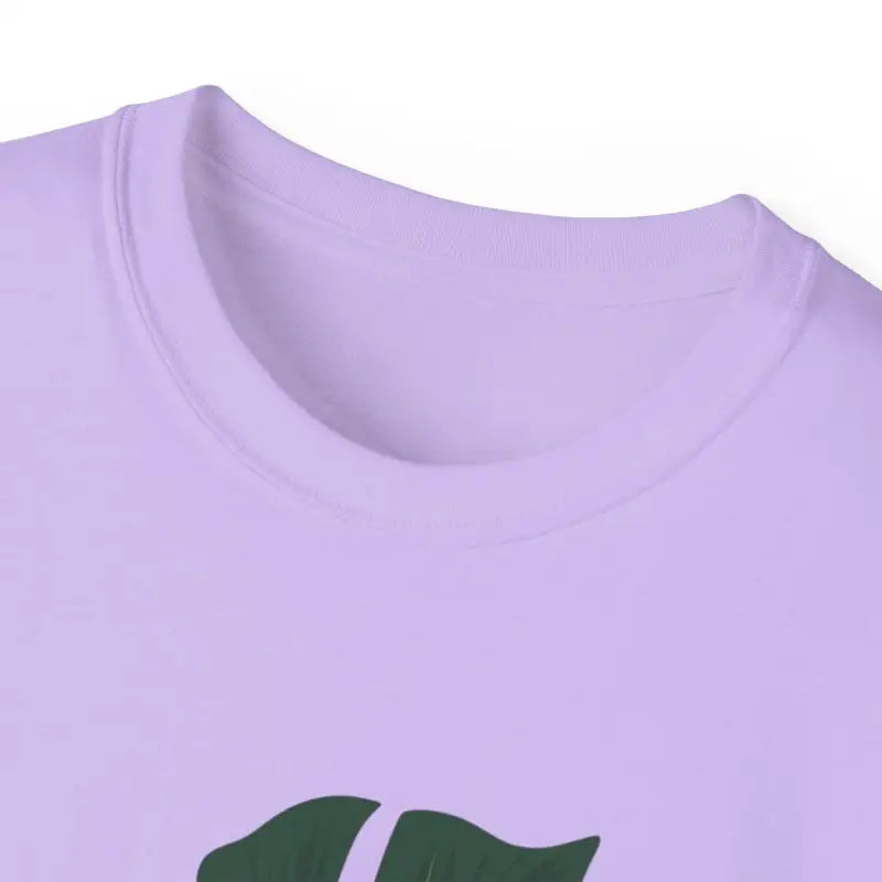 Lavender t-shirt neckline of Lavender Plant Mom T Shirt with Monstera Leaf Design