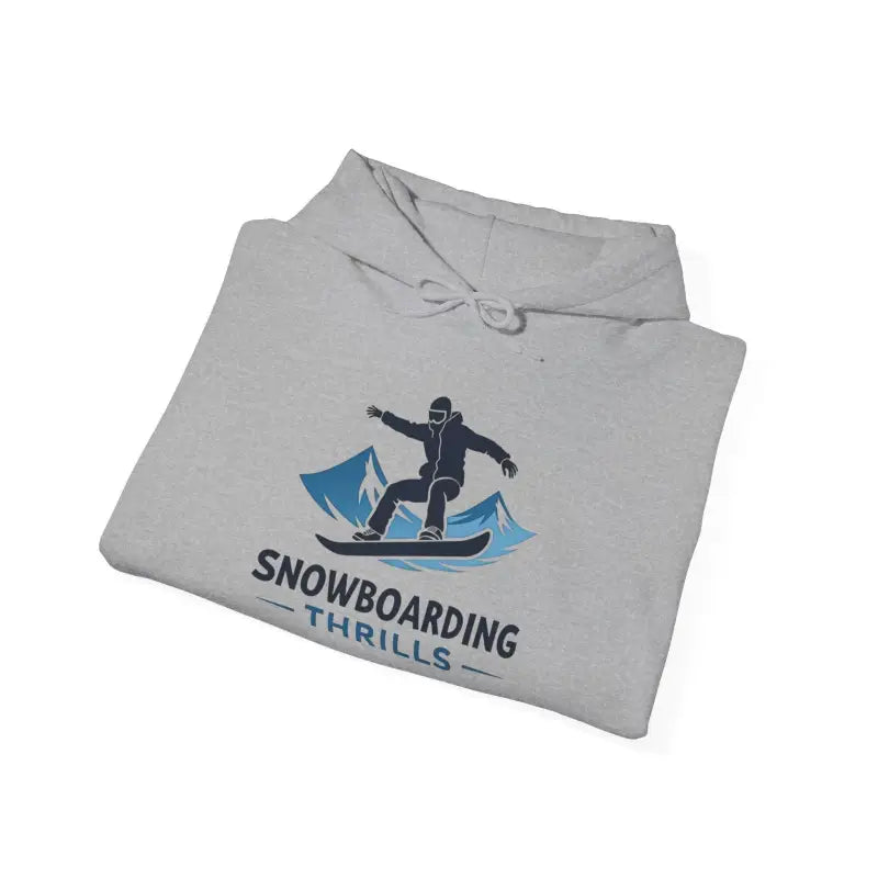 Folded gray hoodie with snowboarding graphic from Lavender Snowboarding Hoodie collection