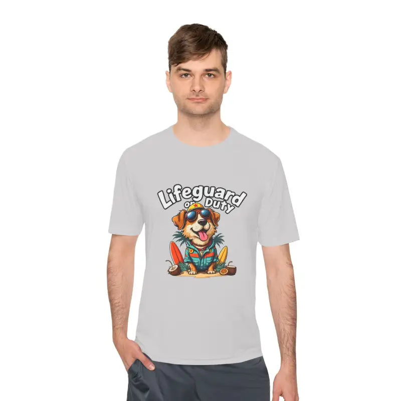 Man wearing Lifeguard Duty Dog unisex moisture-wicking tee for beach lovers