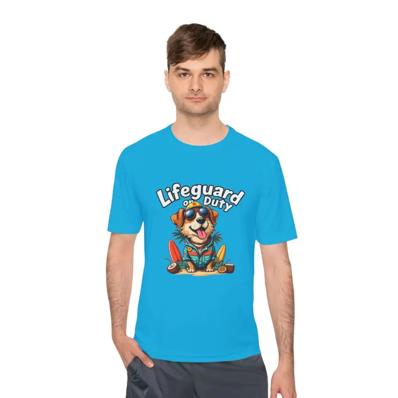 Blue Lifeguard Duty Dog unisex moisture-wicking T-shirt for beach lovers