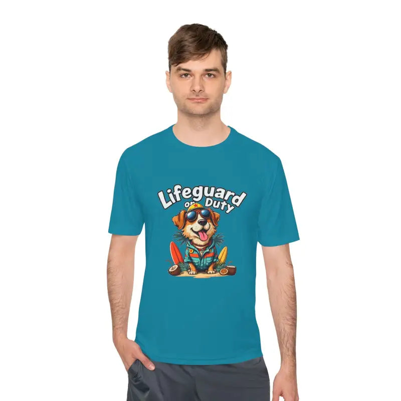 Teal Lifeguard Duty Dog Unisex Moisture Wicking T-Shirt for Beach Lovers