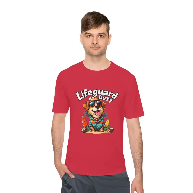 Red t-shirt with dog lifeguard graphic from Lifeguard Duty Dog Unisex Moisture Wicking Tee