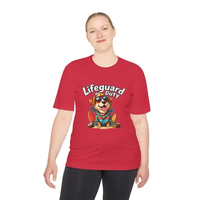 Red T-shirt featuring a dog lifeguard graphic from Lifeguard Duty Dog Unisex Moisture Wicking Tee