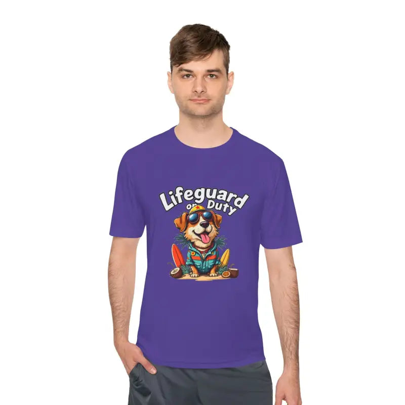 Purple dog lifeguard graphic unisex moisture-wicking T-shirt for beach lovers