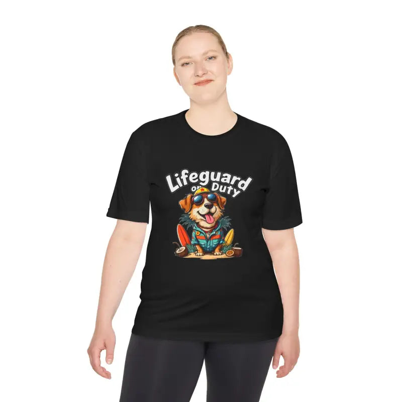 Black lifeguard duty dog graphic unisex moisture-wicking T-shirt for beach lovers