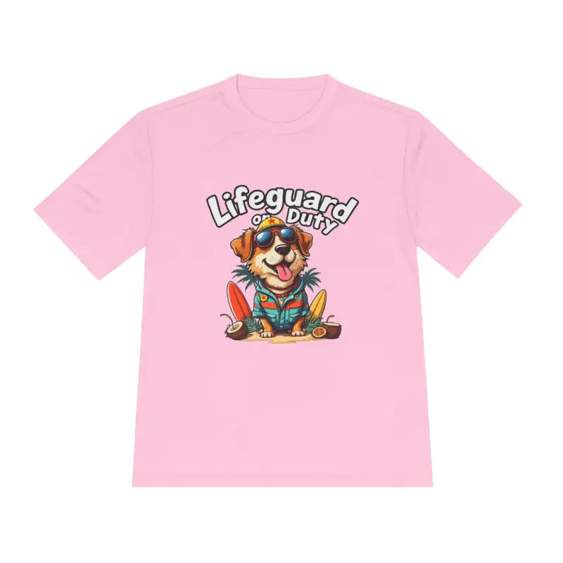 Pink lifeguard dog graphic unisex moisture-wicking tee for beach lovers