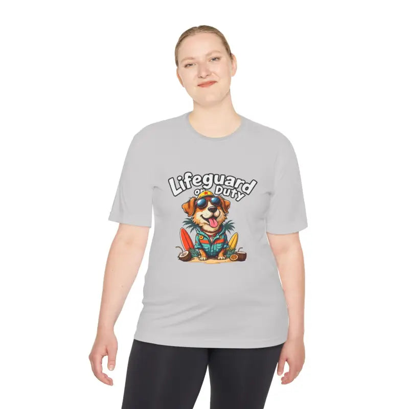 Gray T-shirt from Lifeguard Duty Dog Unisex Moisture Wicking Tee for Beach Lovers