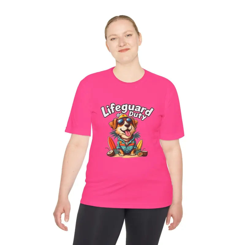 Pink Dog Lifeguard Graphic Unisex Moisture Wicking T-shirt for Beach Lovers