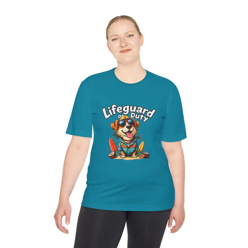 Teal Lifeguard Duty Dog unisex moisture-wicking T-shirt with dog lifeguard graphic