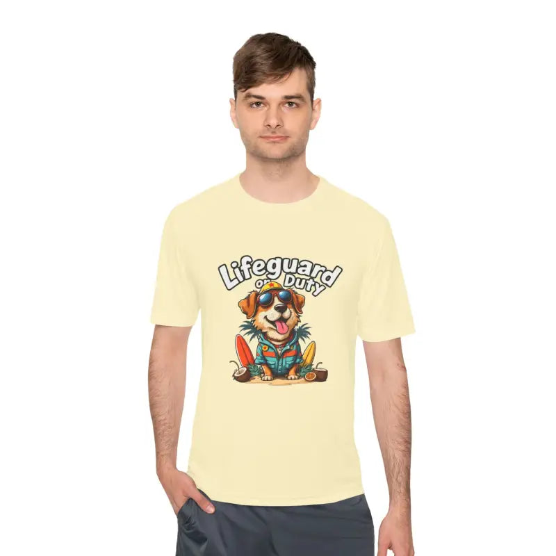 Light yellow unisex t-shirt with dog lifeguard graphic from Lifeguard Duty Dog collection