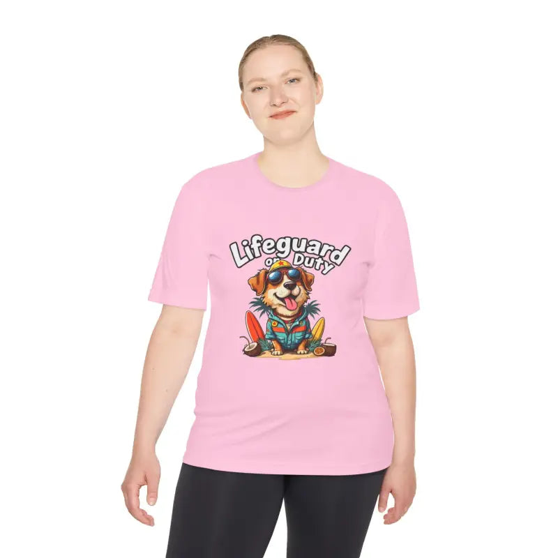 Pink T-shirt featuring a cartoon dog lifeguard design for beach lovers