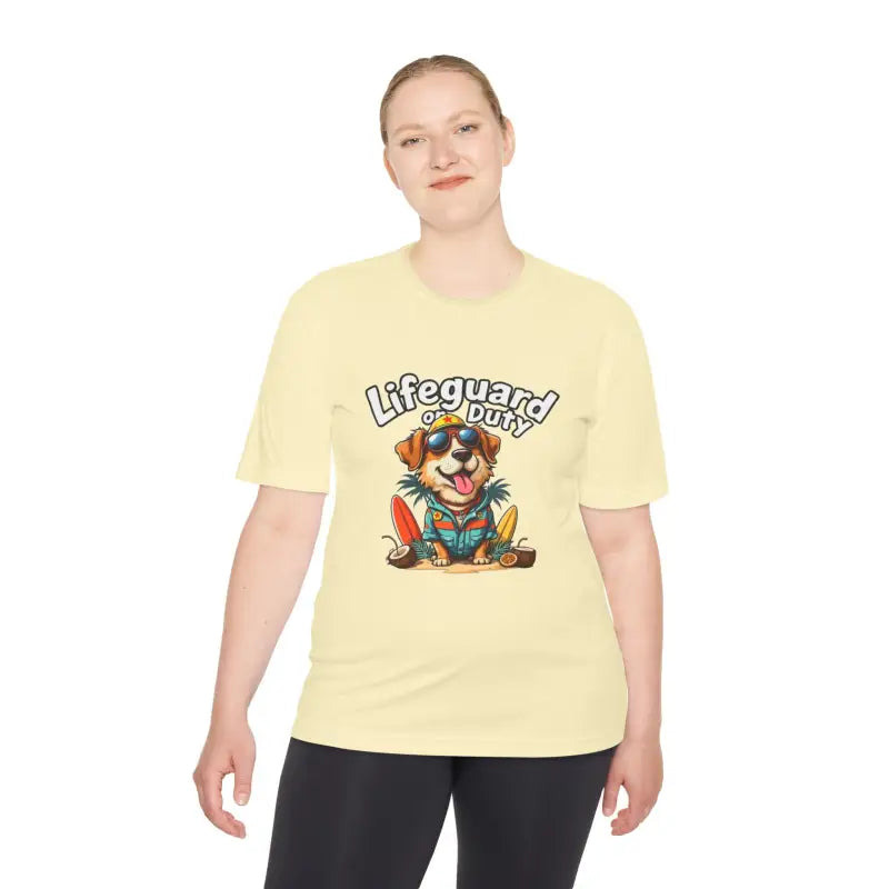 Light yellow Lifeguard Duty Dog unisex moisture-wicking T-shirt for beach lovers