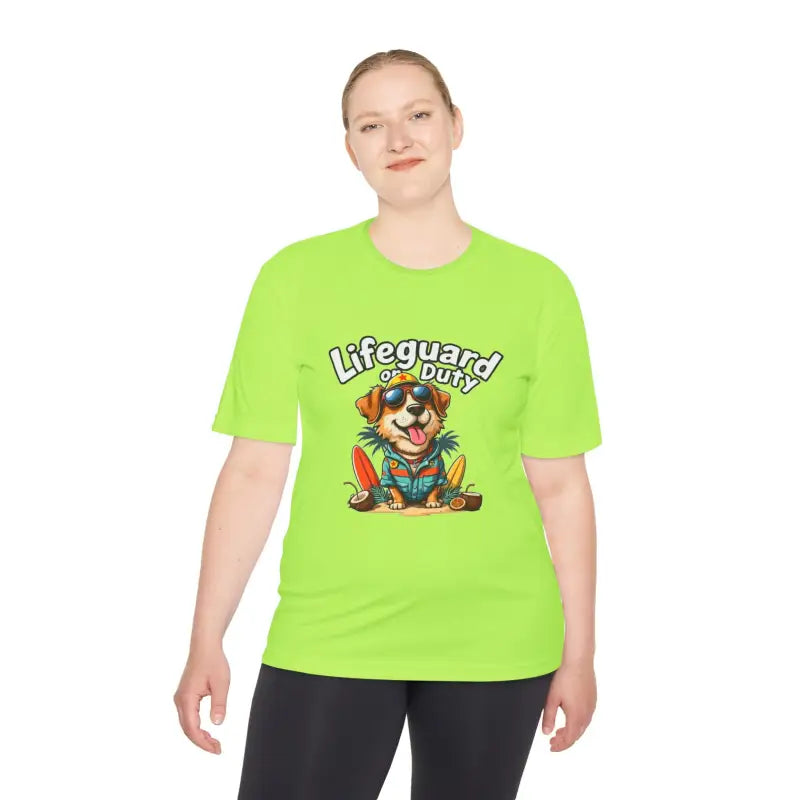 Lime green Lifeguard Duty Dog unisex moisture-wicking T-shirt for beach lovers