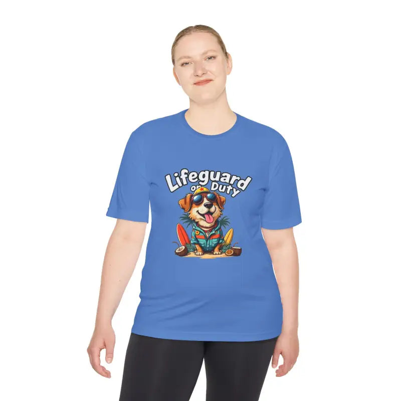 Blue unisex moisture-wicking T-shirt featuring a lifeguard dog graphic for beach enthusiasts