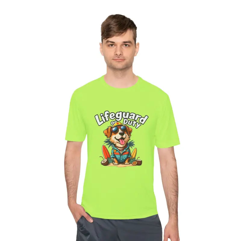 Neon green lifeguard duty dog unisex moisture-wicking tee for beach lovers display