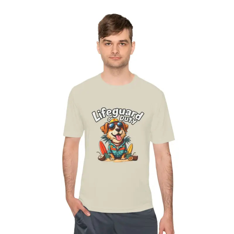 Beige lifeguard duty dog graphic unisex moisture-wicking T-shirt for beach lovers